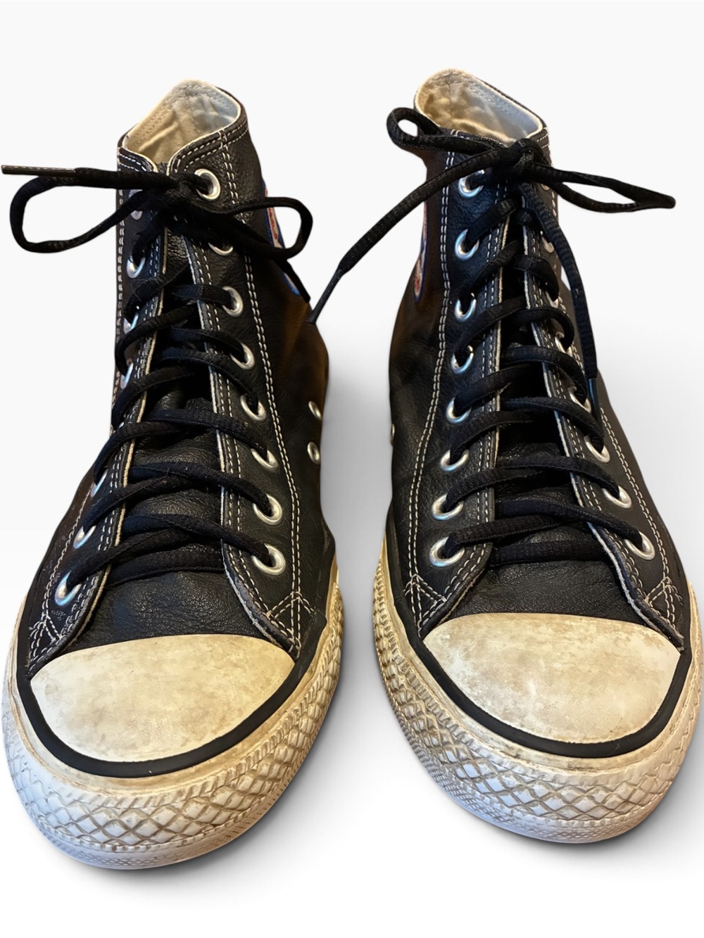 Converse All Star black leather Chuck Taylor hightop classes sneakers. Sz 7.5